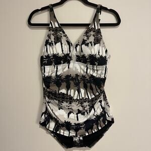 Tommy Bahama Swimsuit One Piece Neutral Colors Palm Tree Black Beige Size 16